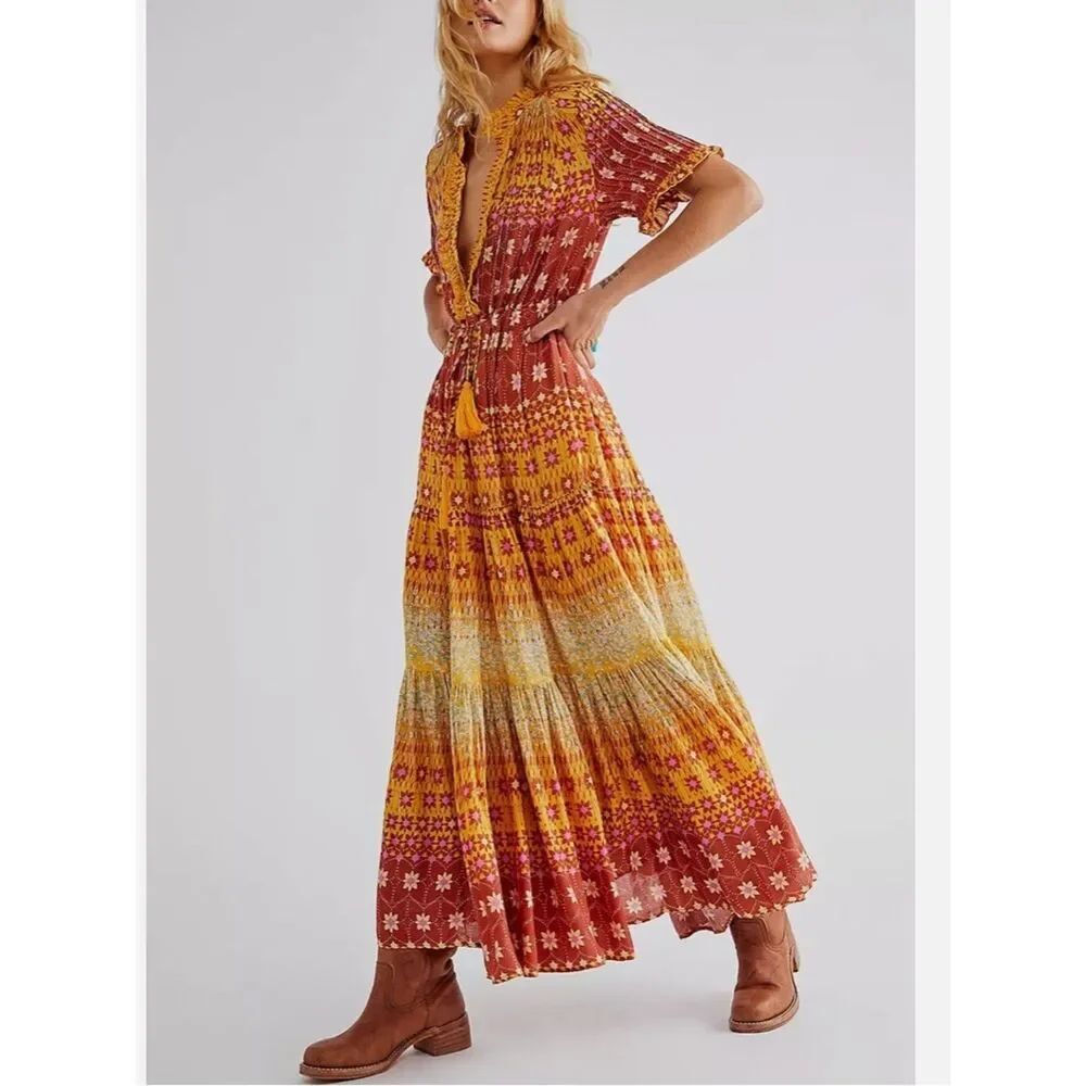 Free People Rare Feeling Tiered Printed Tassels Tie Maxi Dress
M18